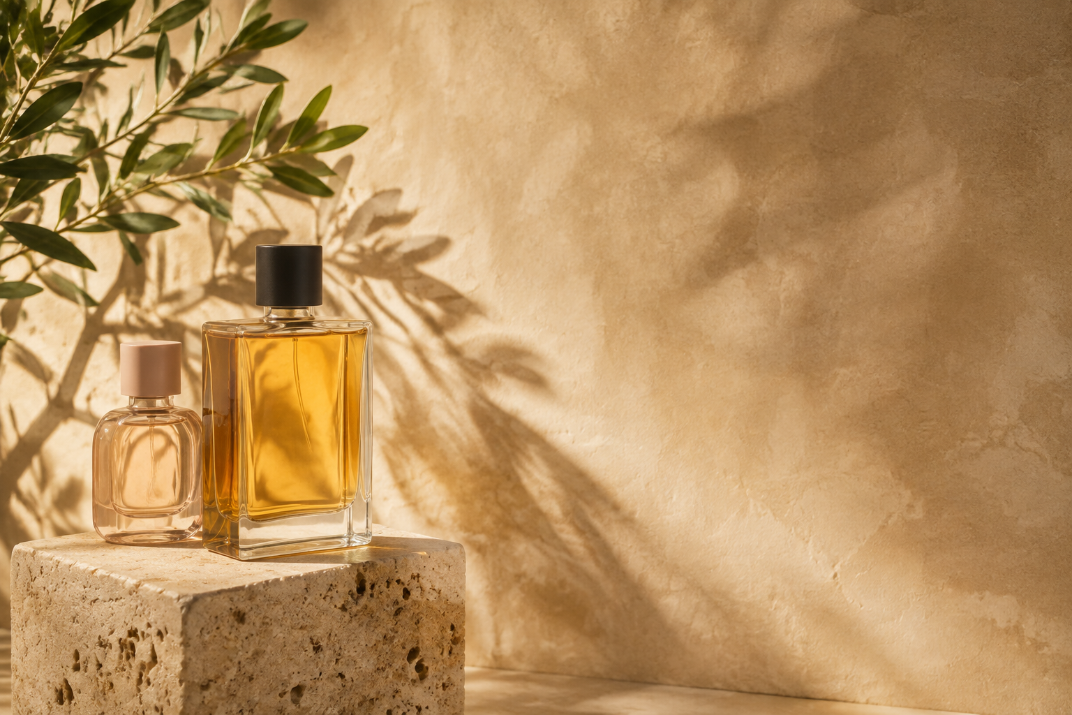 Parfum-Stillleben im warmen Sonnenlicht